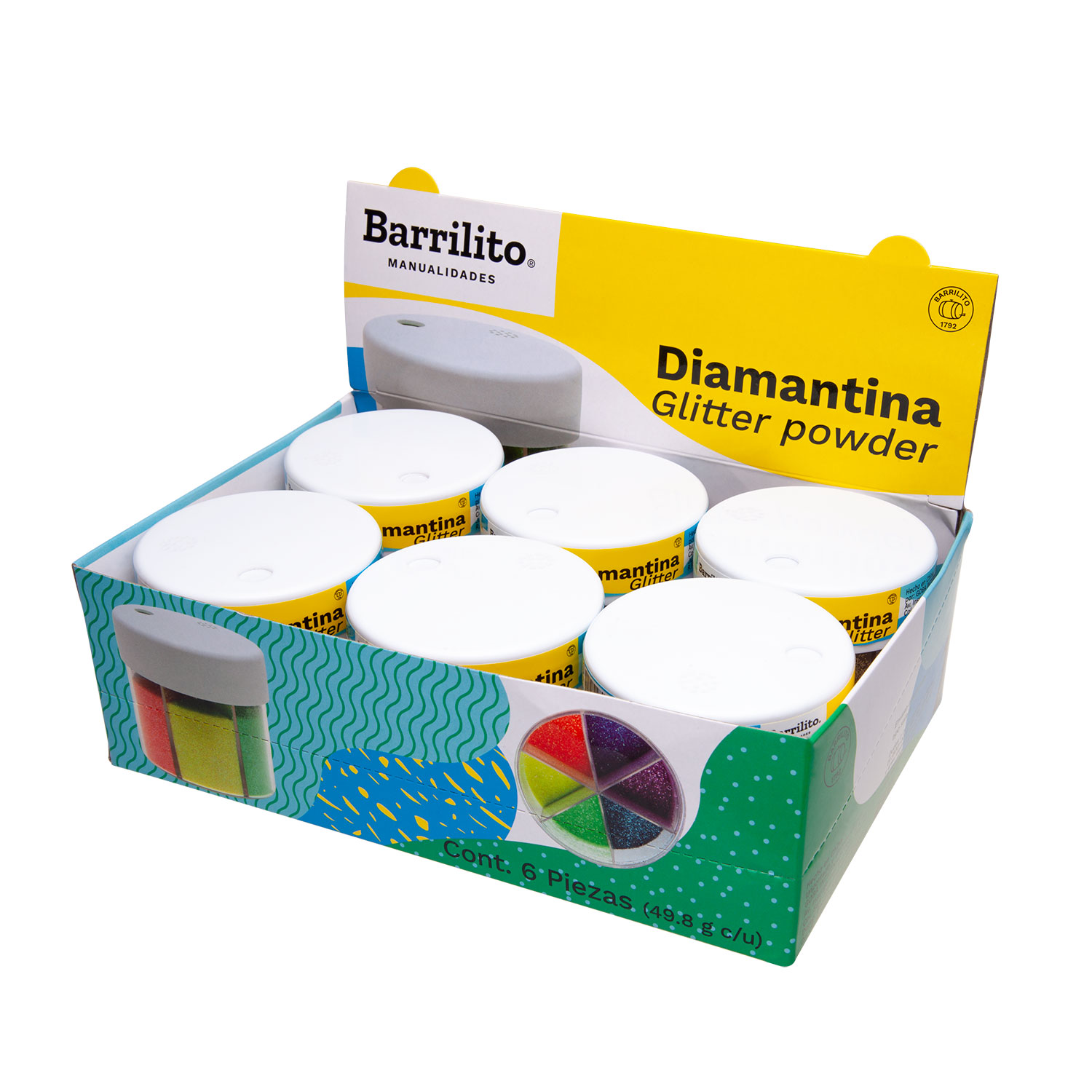 Diamantina en aplicador tipo salero, surtido en 6 colores brillantes.